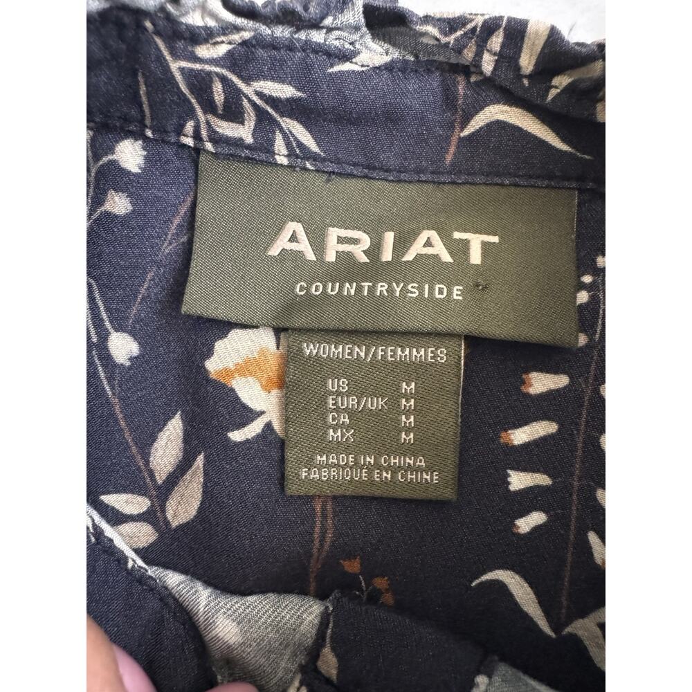 Ariat Countryside Navy Floral Mock Neck Long Sleeve Ruffle Button Blouse - M - Picture 9 of 14